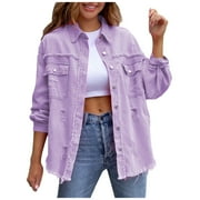 VANLOFE Jackets for Women Women's Fashion Long-Sleeved Denim Jacket With Burrs And Holes Gifts for Women